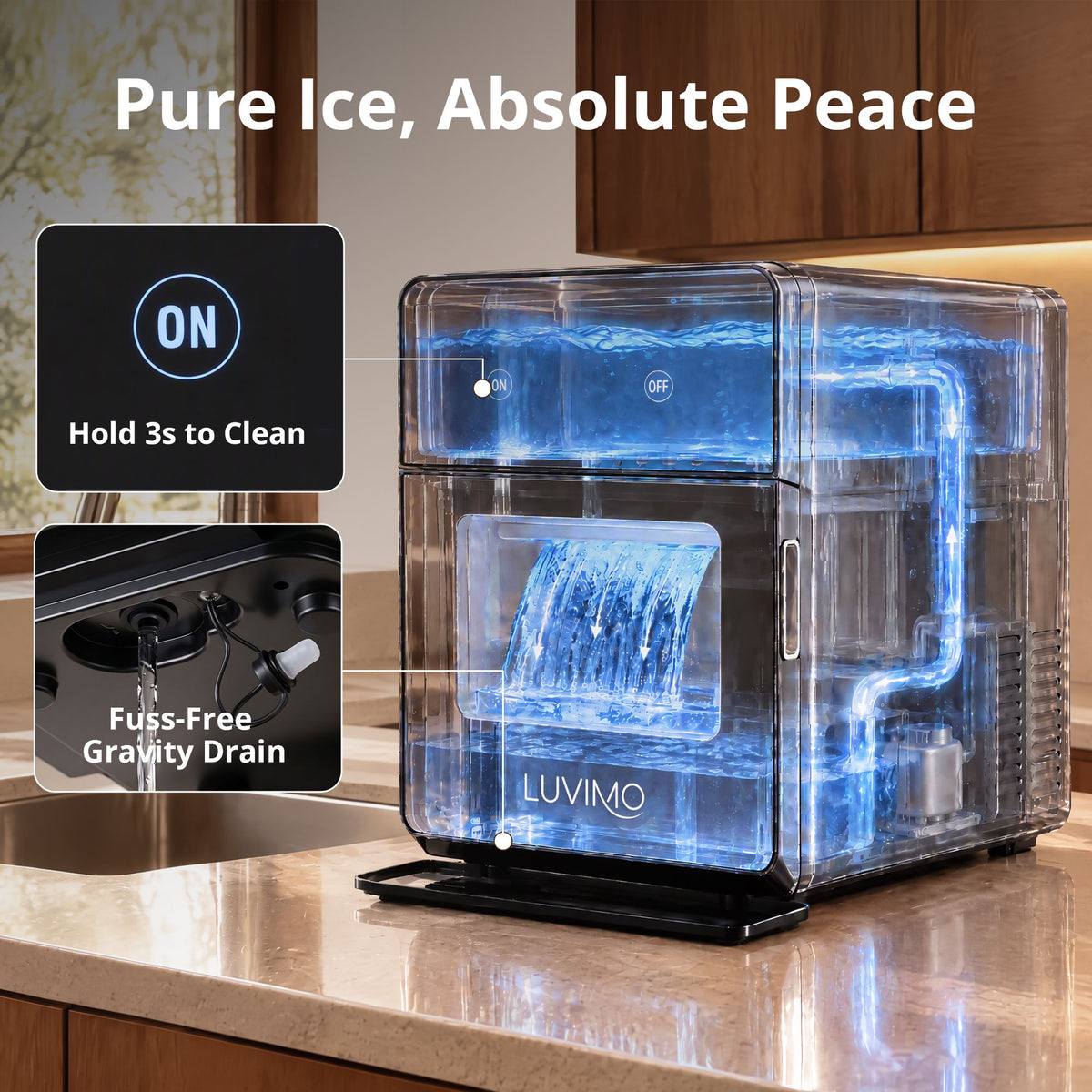 Luvimo ice ball maker with an ice bin holding up to 40 spheres
