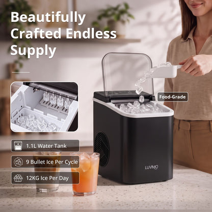 Luvimo 12kg ice maker, nine bullet shaped cubes per 6 to 8 minute cycle