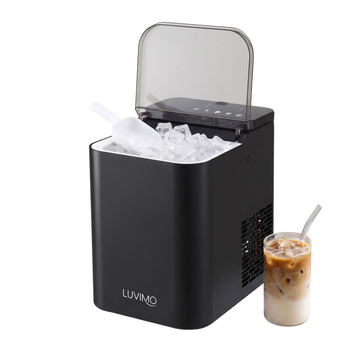 Luvimo ice maker producing up to 15kg of ice a day, black benchtop machine