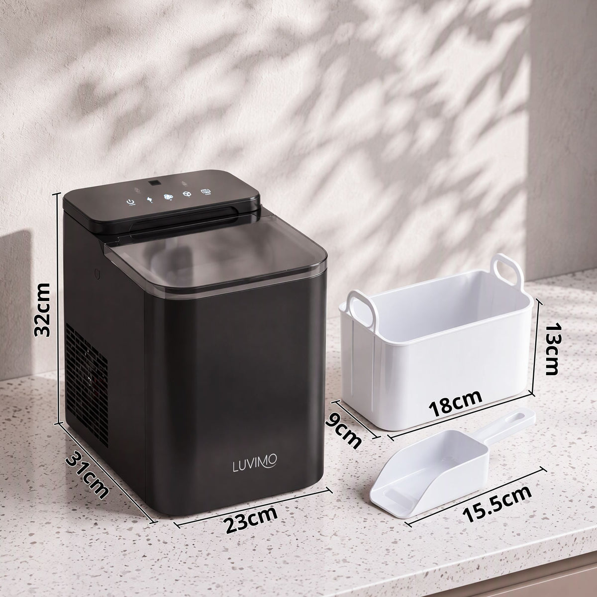 Luvimo 15kg ice maker with three selectable ice cube sizes