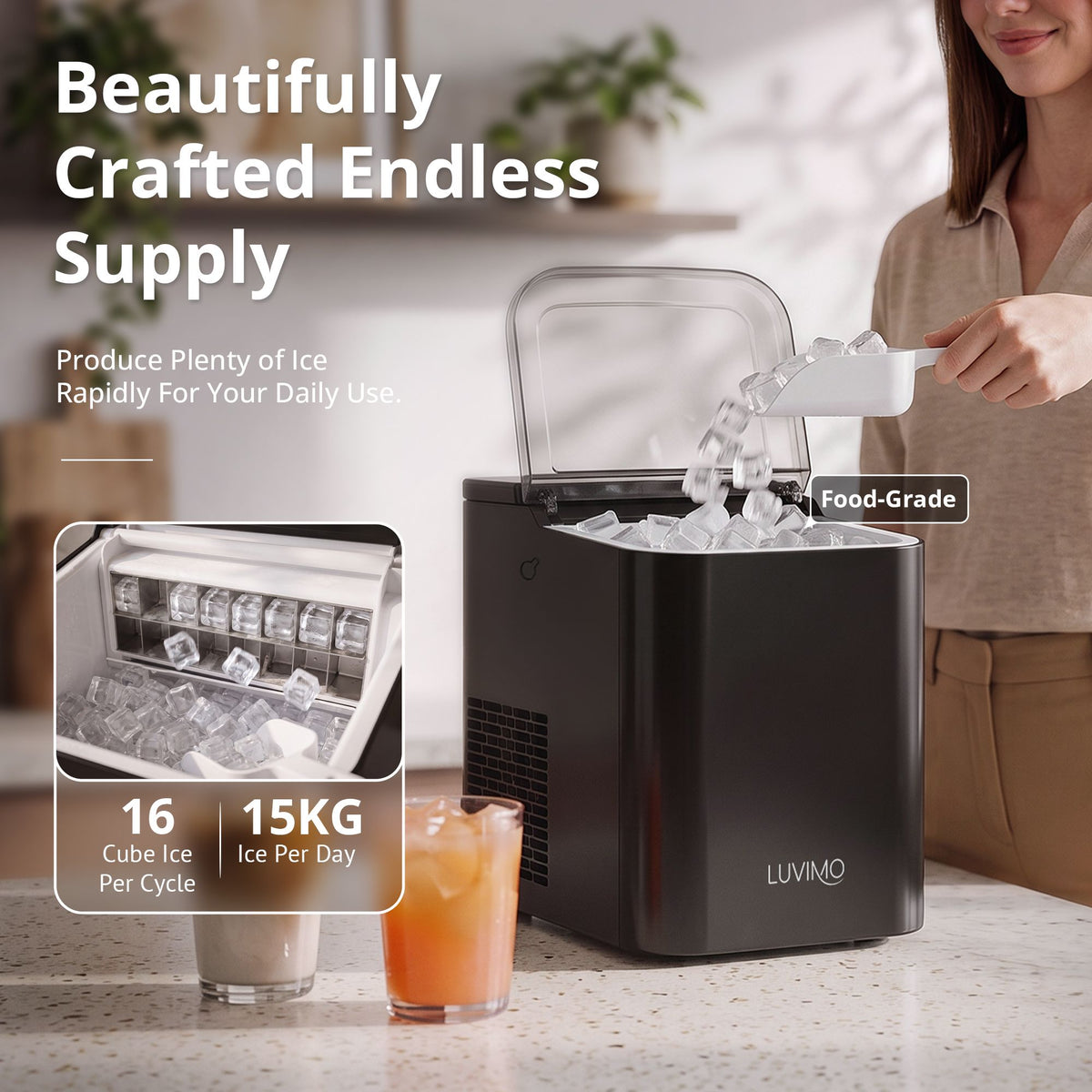 Luvimo 15kg ice maker with a 1.85L water tank and food grade interior