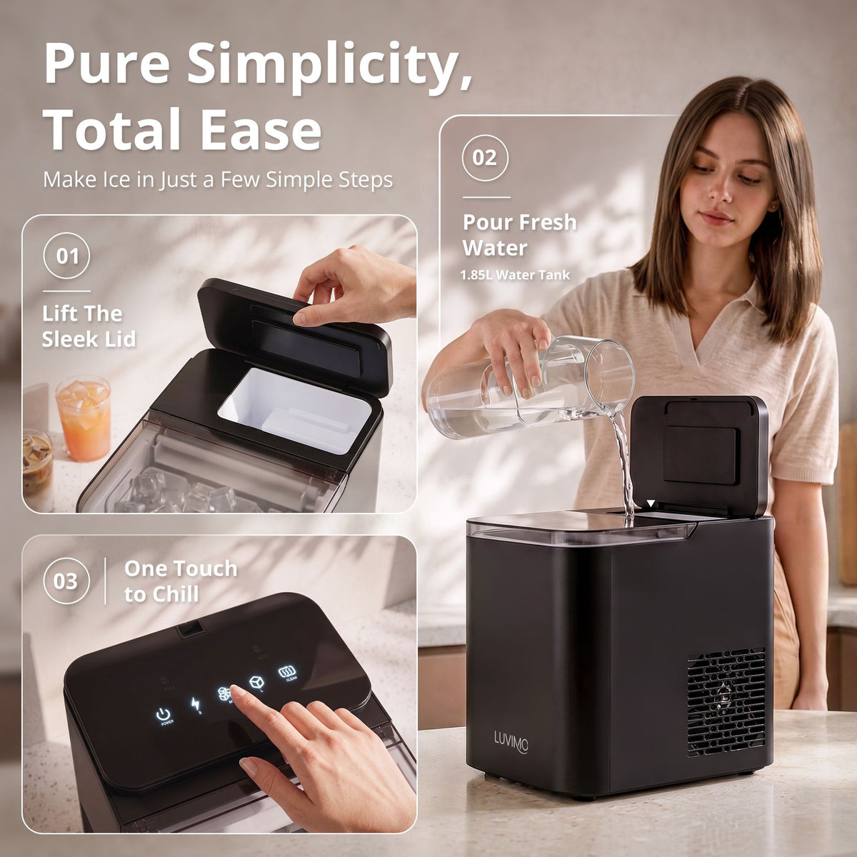 Luvimo ice maker with auto clean cycle and opening cover for deep cleaning
