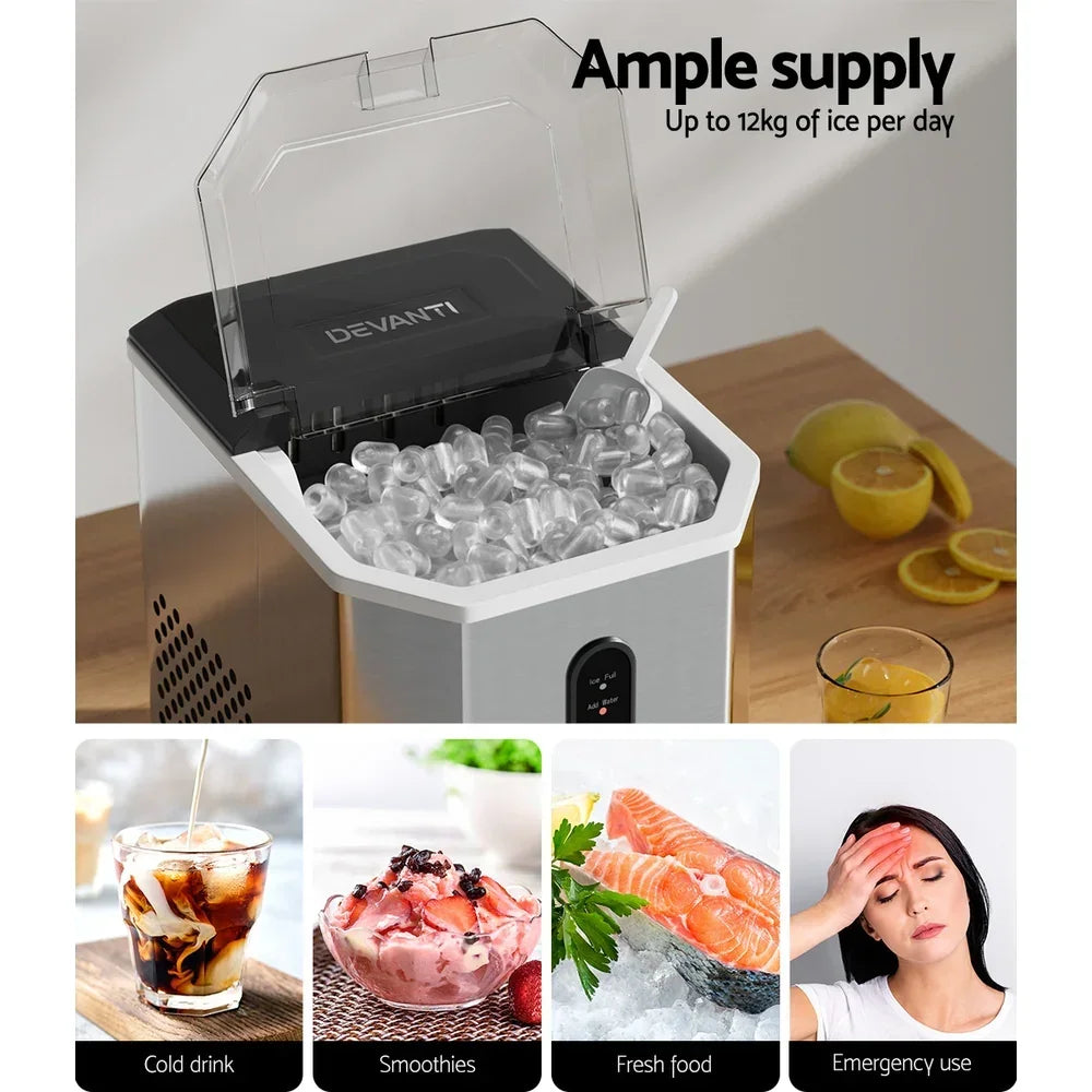 Devanti Portable Ice Maker Machine Ice Cube 12kg Bar Countertop Stainless Steel - Flea Market