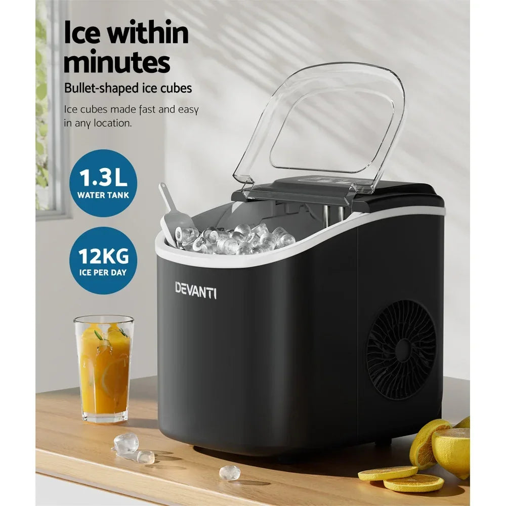 Devanti Portable Ice Maker Machine Ice Cube Tray 12kg Bar Countertop Black - Flea Market