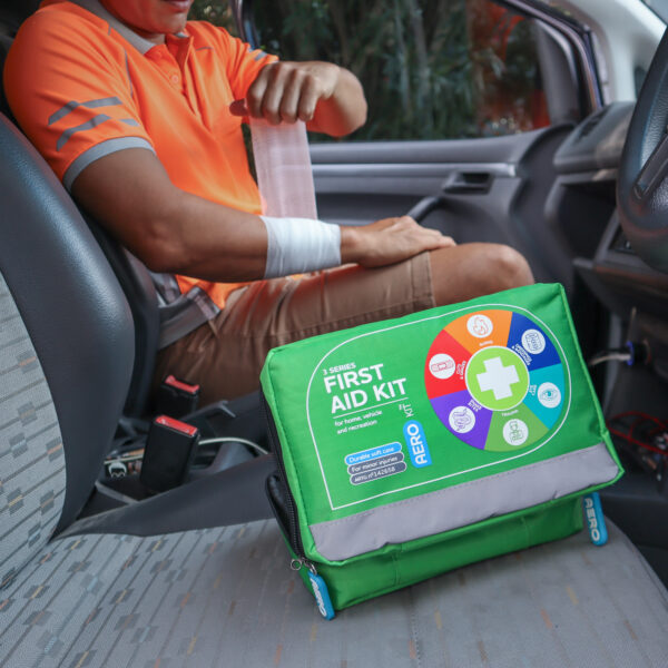 First aid softpack available in black and green with a reflective strip for visibility in low light