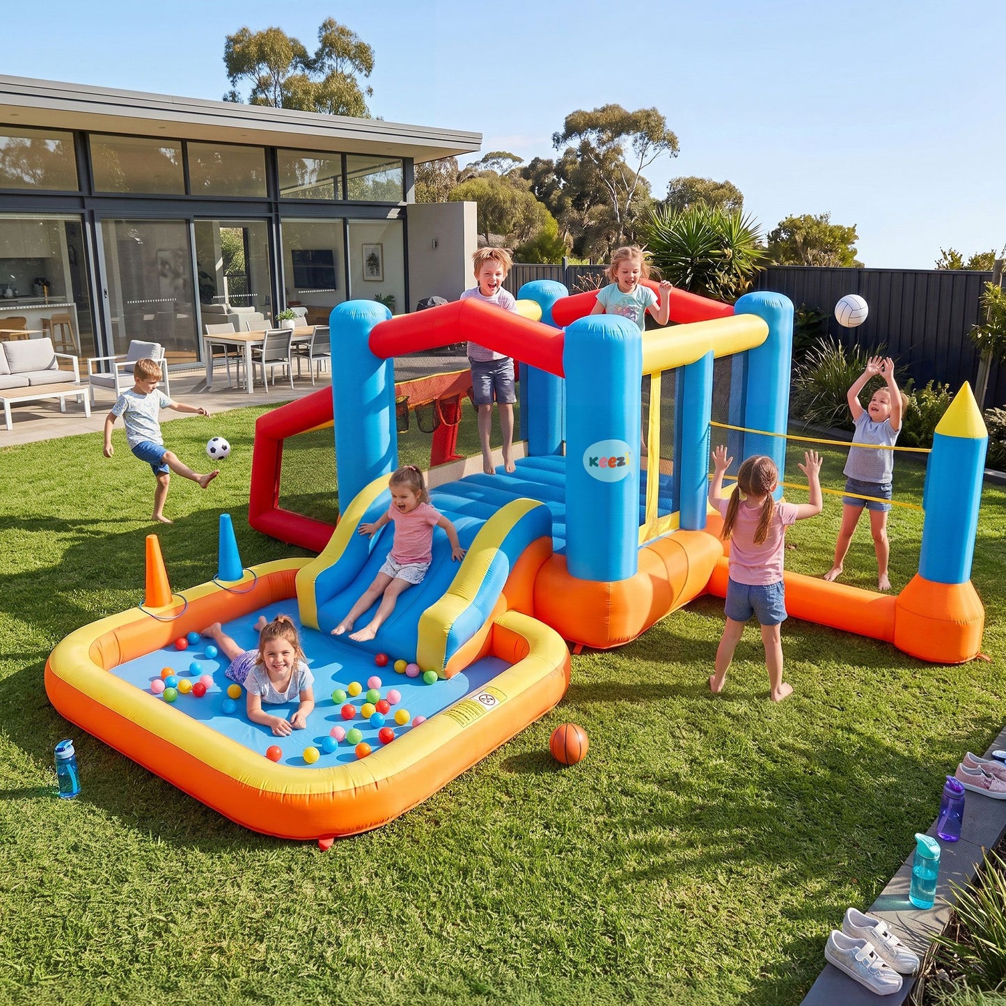 Keezi 8-in-1 Kids Inflatable Play Centre Bounce House Slide Ball Pit Basketball Football Volleyball