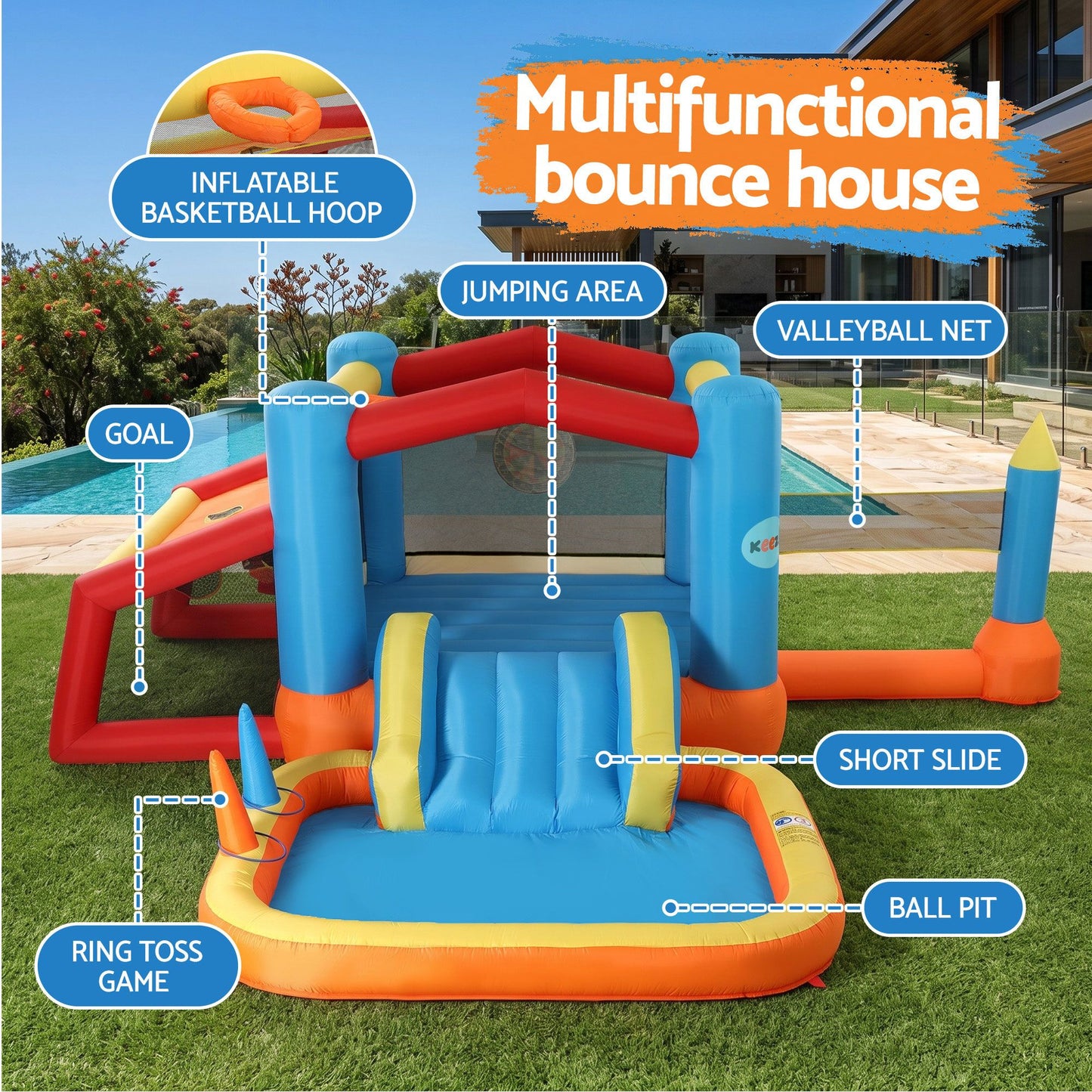 Keezi 8-in-1 Kids Inflatable Play Centre Bounce House Slide Ball Pit Basketball Football Volleyball