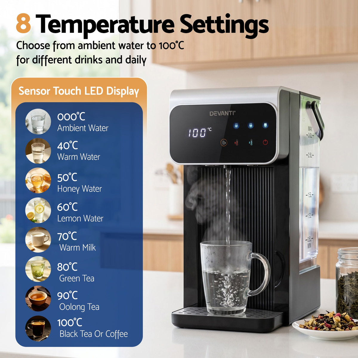Devanti water dispenser with 5 preset volumes from 100ml to 500ml