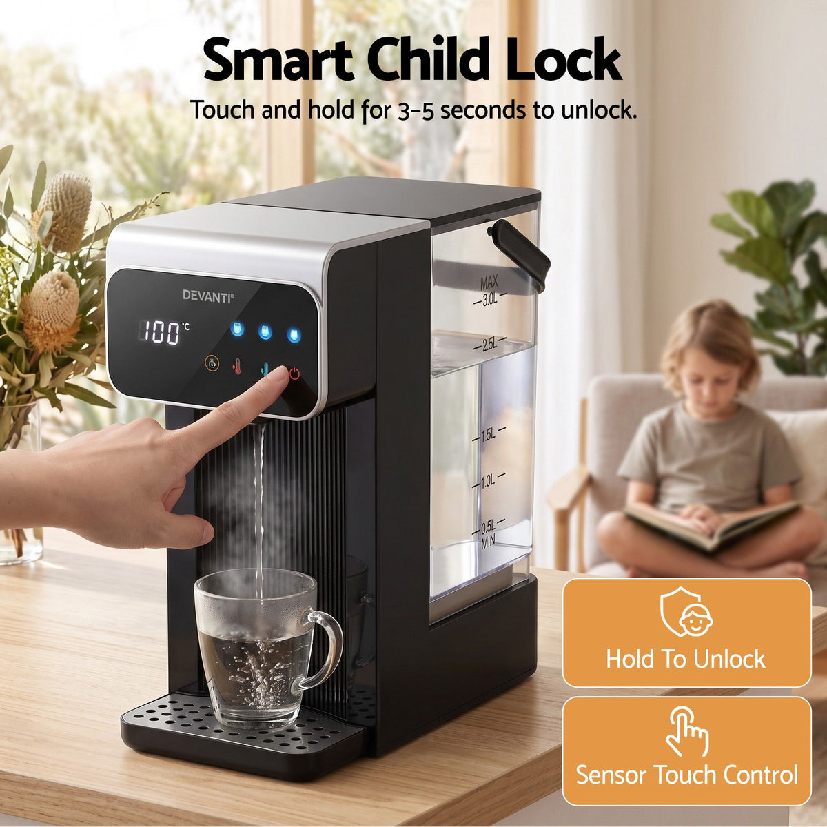 Devanti countertop hot water dispenser with child lock