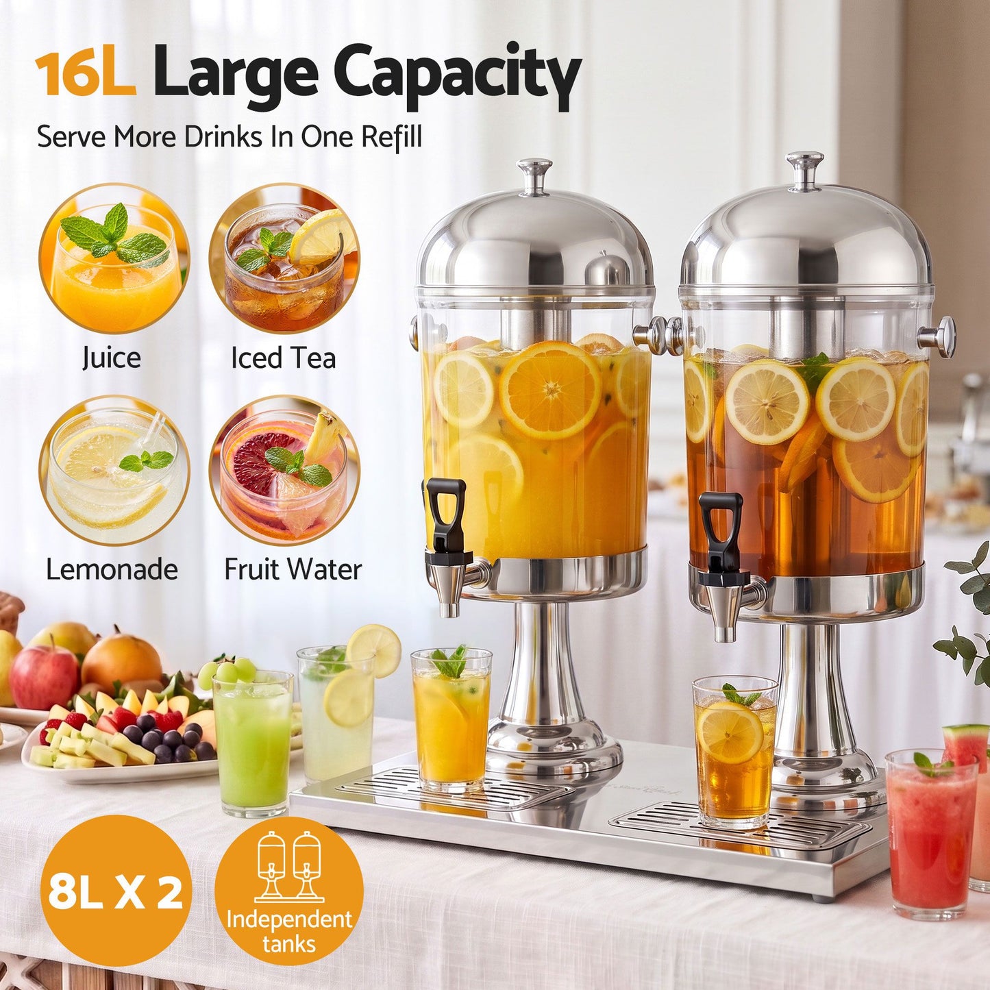 5-Star Chef 16L Dual Tank Beverage Dispenser with Ice Tubes