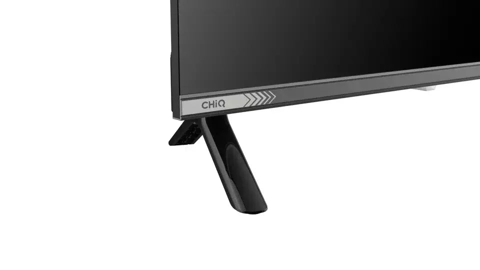 Close-up of CHiQ TV screen and stand, bargain electronics at Stacks Warehouse online store
