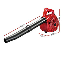 Red handheld leaf blower with black nozzle, labeled dimensions: 64cm, 30cm, 33cm, 33.5cm.