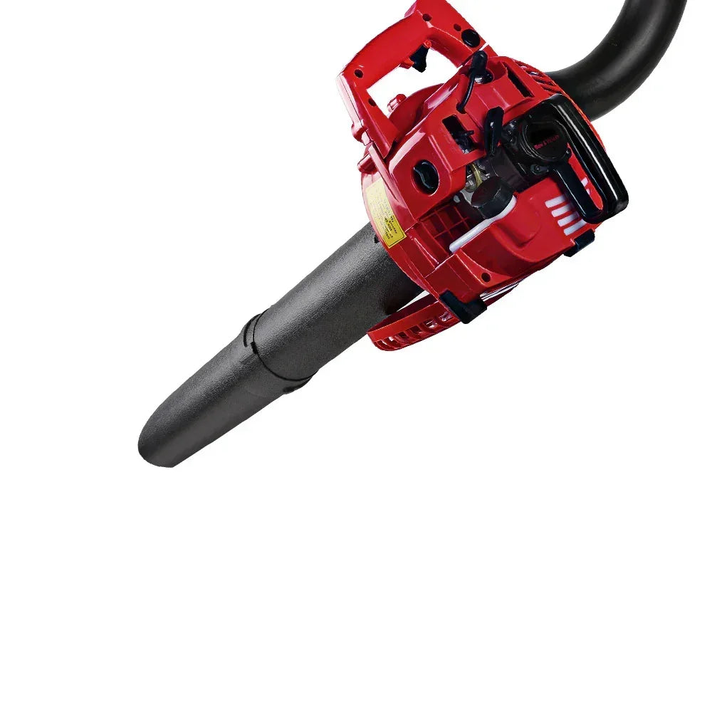 Red and black handheld petrol leaf blower with ergonomic handle on white background