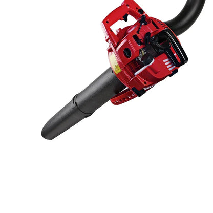 Red and black handheld petrol leaf blower with ergonomic handle on white background