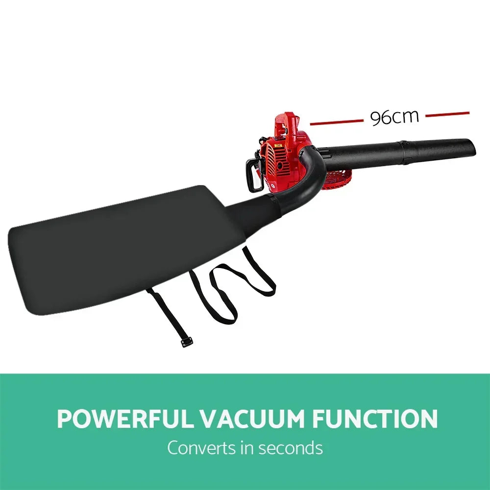 Red petrol leaf blower vacuum with collection bag, 96cm length, powerful garden tool