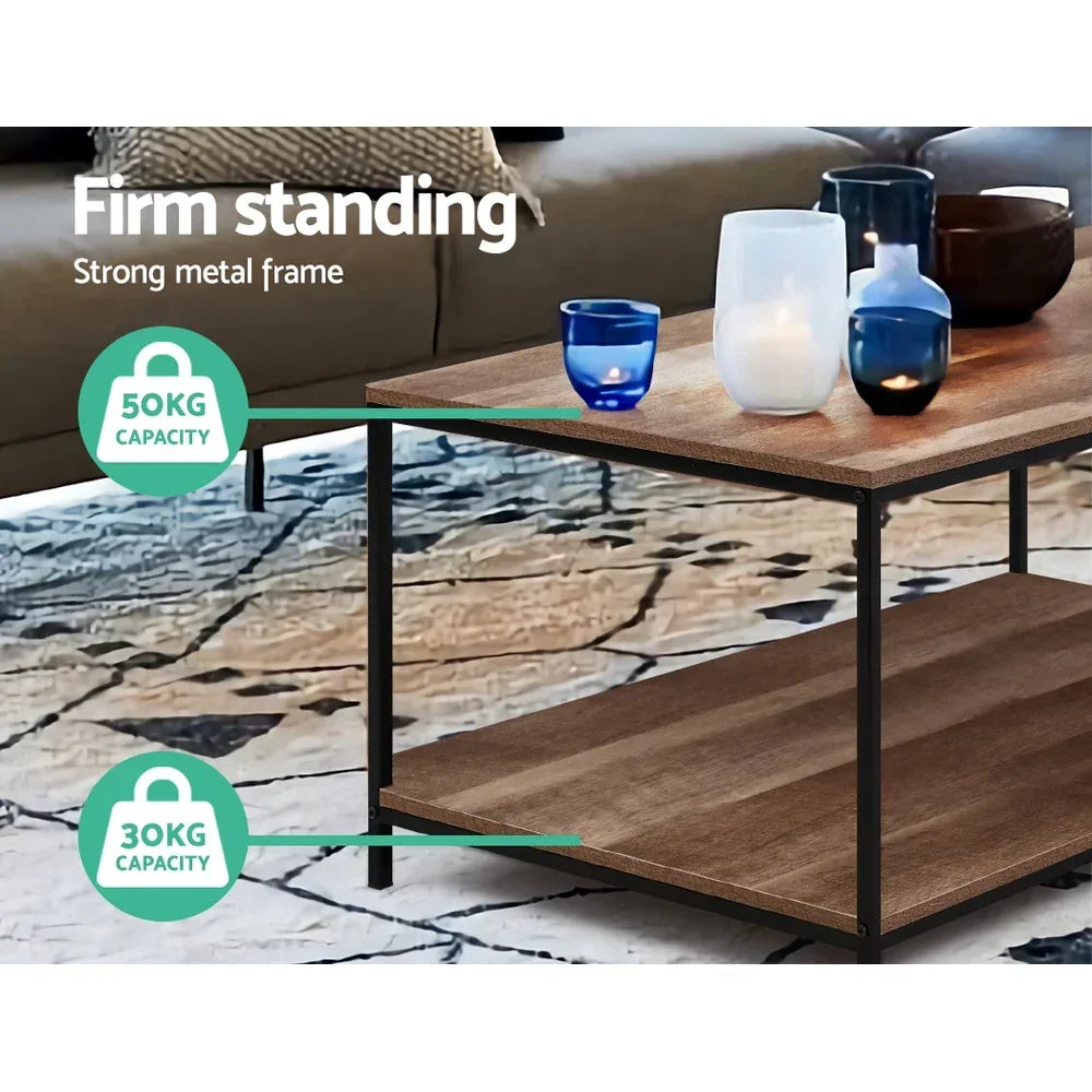 Wood coffee table with metal frame, blue and white glass decor, 50kg capacity, modern living room