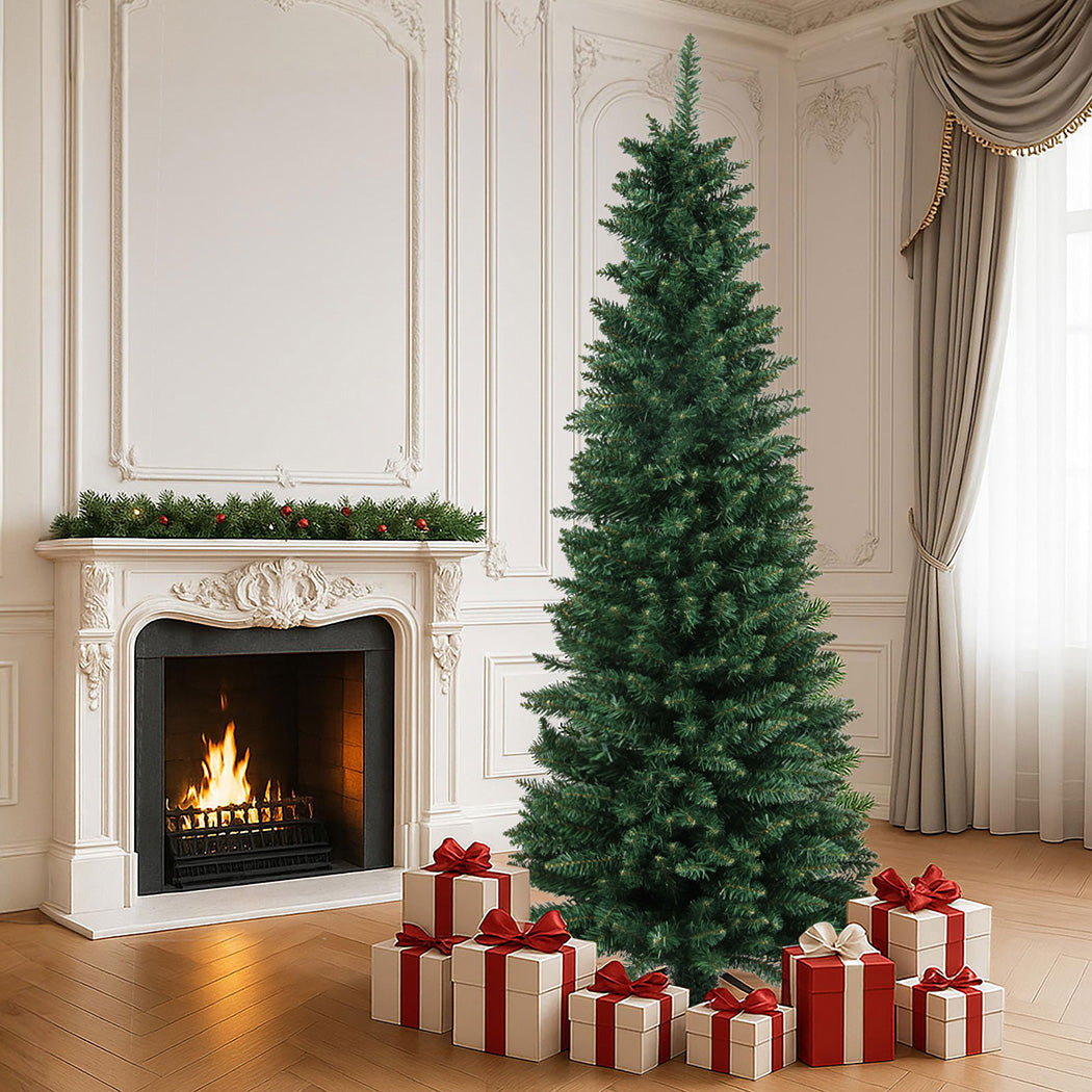 Santaco 2.1m Pencil Christmas Tree 800 Tips Slim Artificial Green