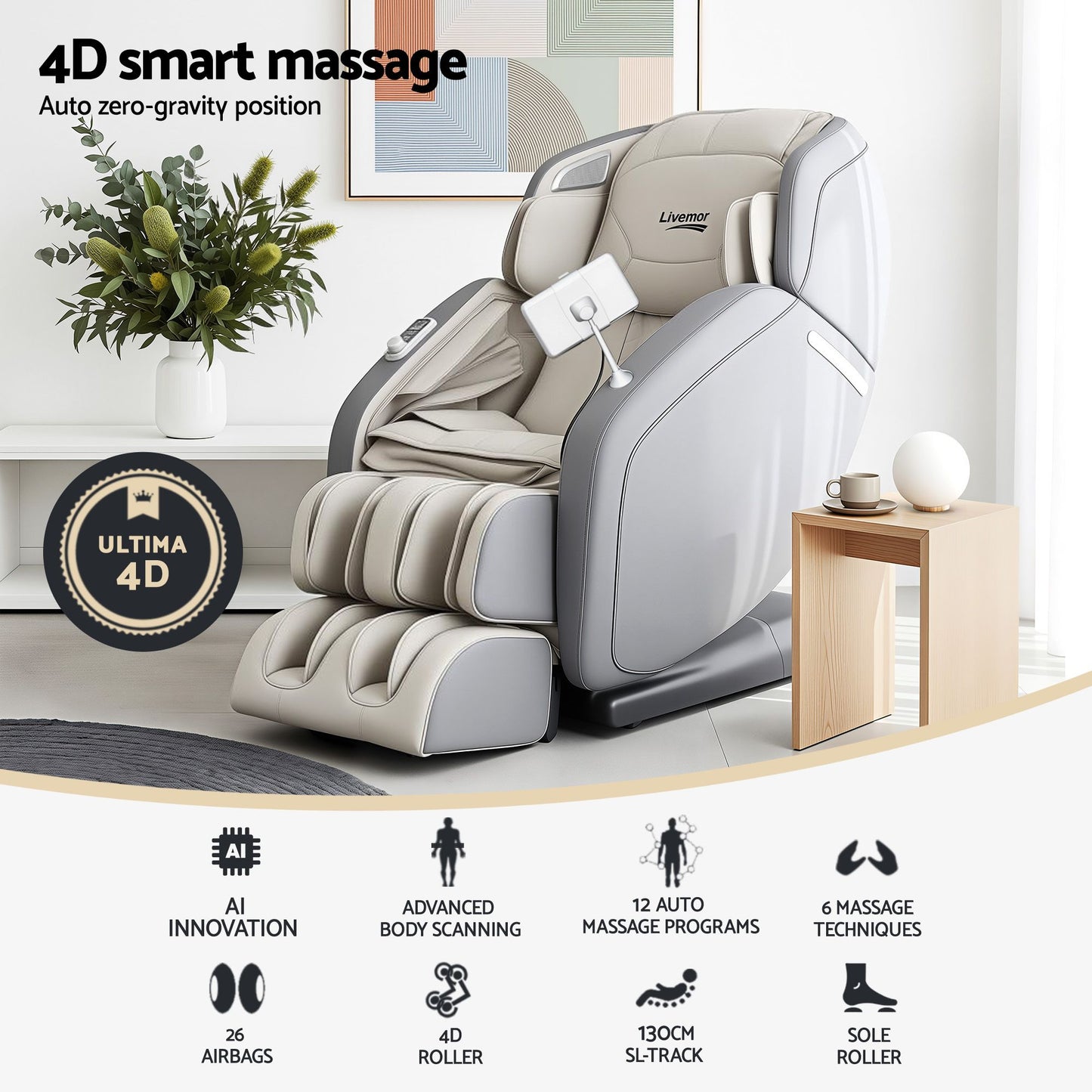 Livemor 4D Massage Chair SL-Track Zero Gravity 12 Programs 26 Airbags Bluetooth Grey