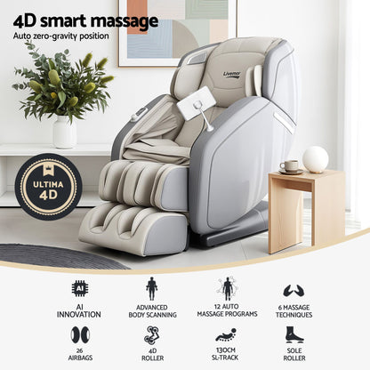 Livemor 4D Massage Chair SL-Track Zero Gravity 12 Programs 26 Airbags Bluetooth Grey