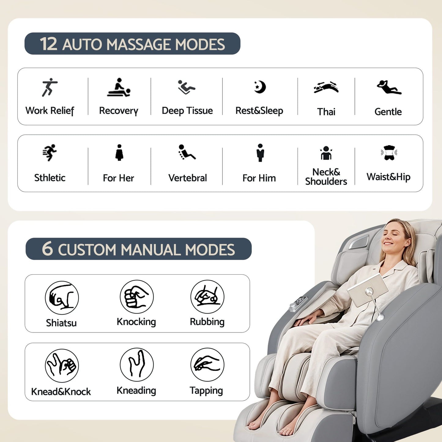 Livemor 4D Massage Chair SL-Track Zero Gravity 12 Programs 26 Airbags Bluetooth Grey