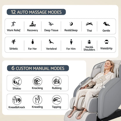 Livemor 4D Massage Chair SL-Track Zero Gravity 12 Programs 26 Airbags Bluetooth Grey