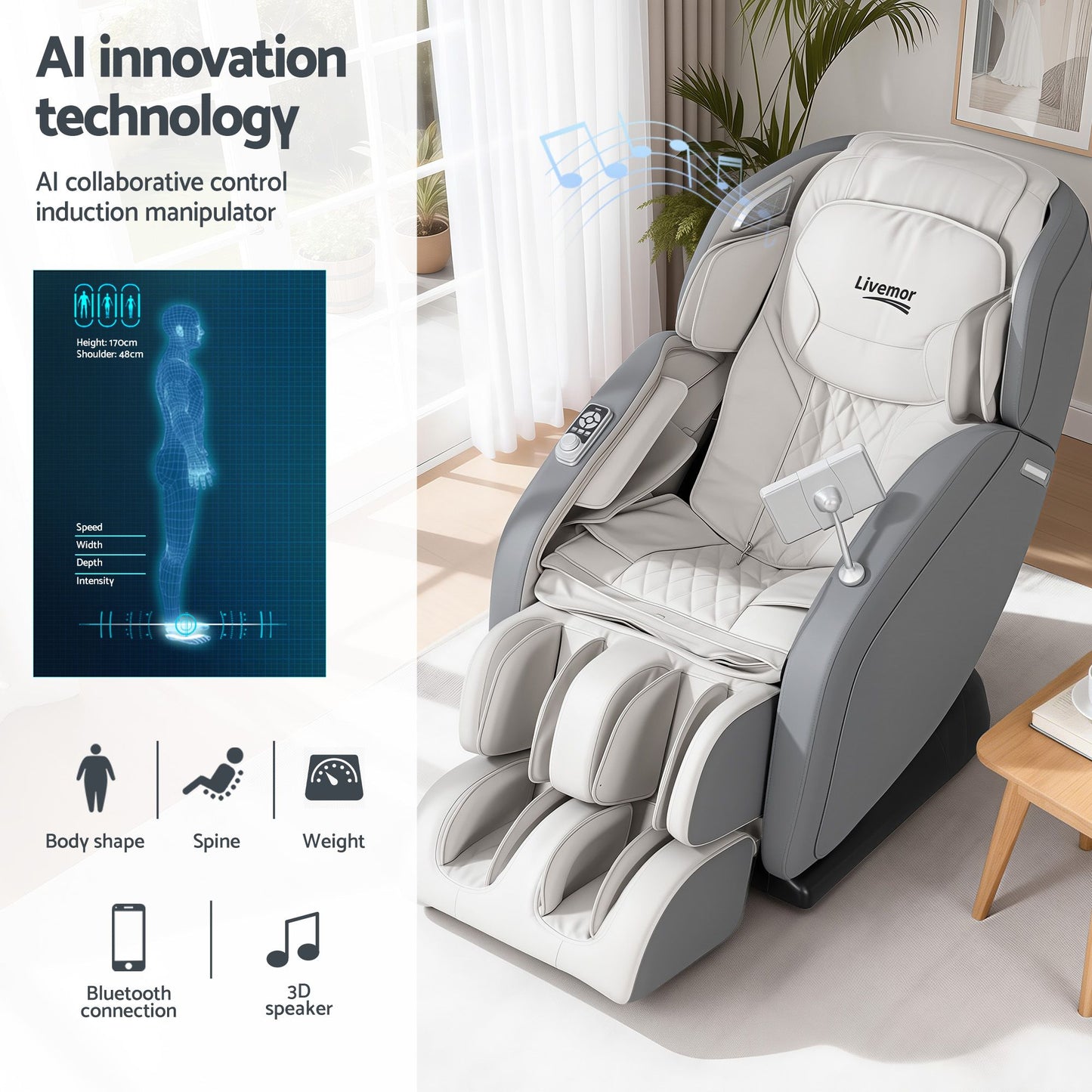 Livemor 4D Massage Chair SL-Track Zero Gravity 12 Programs 26 Airbags Bluetooth Grey