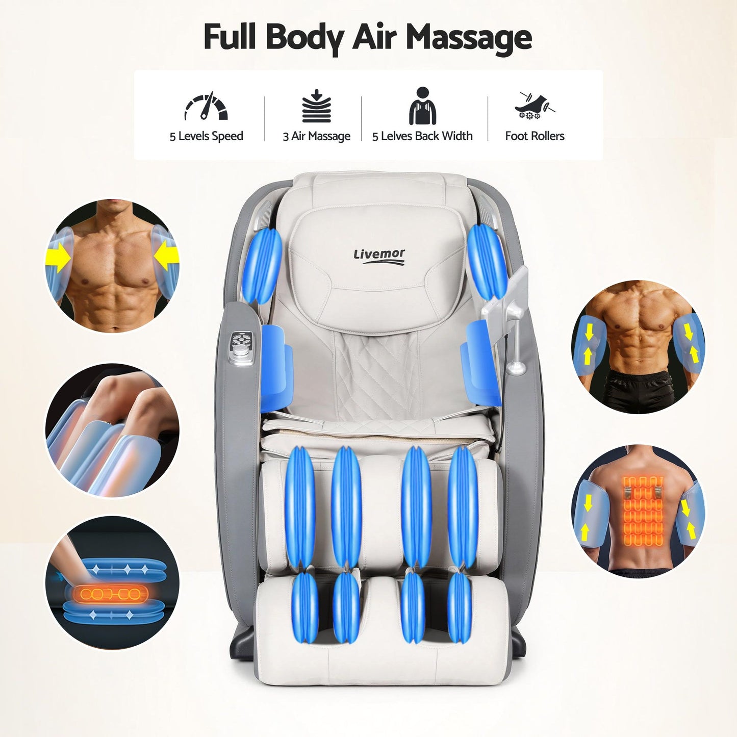 Livemor 4D Massage Chair SL-Track Zero Gravity 12 Programs 26 Airbags Bluetooth Grey