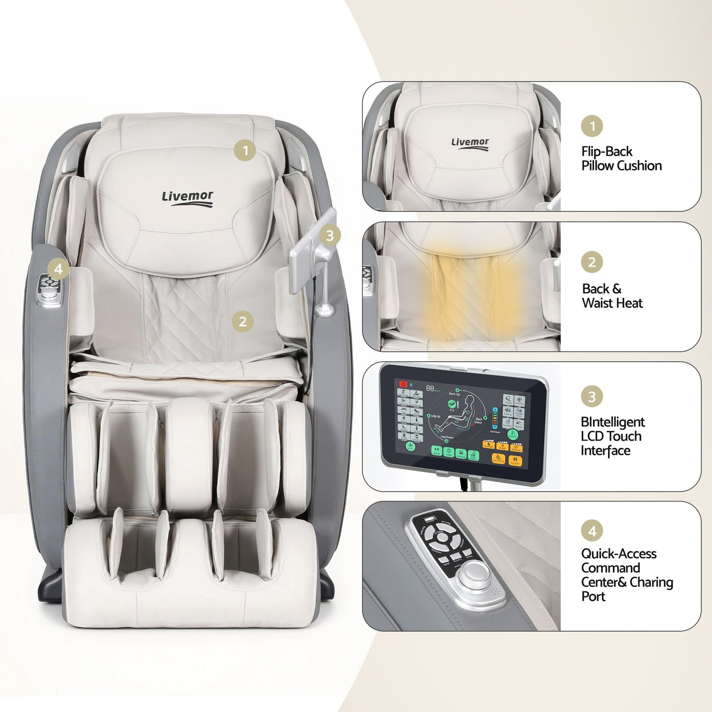 Livemor 4D Massage Chair SL-Track Zero Gravity 12 Programs 26 Airbags Bluetooth Grey
