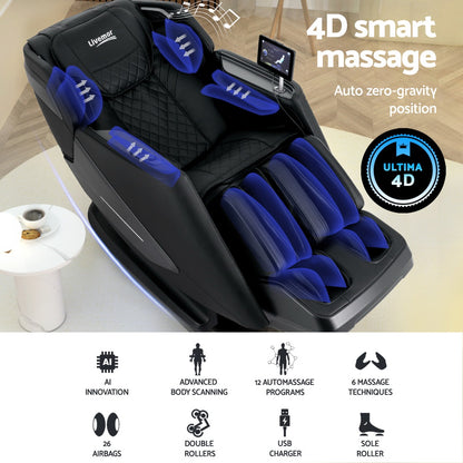 Livemor Reily 4D Massage Chair 135cm SL-Track Dual Roller Zero Gravity - Black