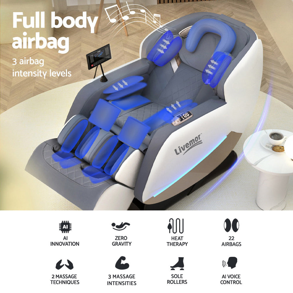 Livemor Beryl Massage Chair Zero Gravity 22 Airbags AI Voice Control Bluetooth Grey