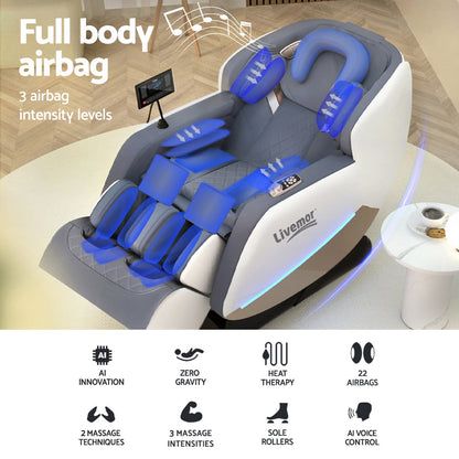 Livemor Beryl Massage Chair Zero Gravity 22 Airbags AI Voice Control Bluetooth Grey