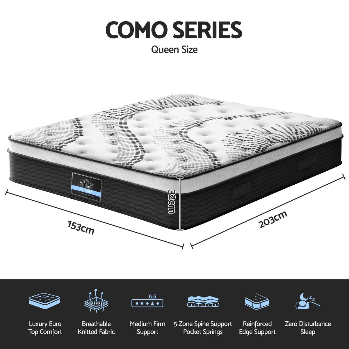 Giselle Como 32cm Euro Top Queen Mattress - 5 Zone - view 2