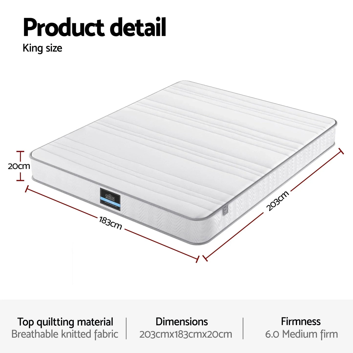 King Mattress 20cm Medium Firm Pocket Spring Egg-Crate Foam - Giselle