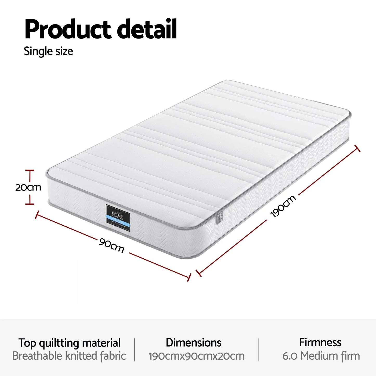 Single Mattress 20cm Medium Firm Pocket Spring Egg-Crate Foam - Giselle