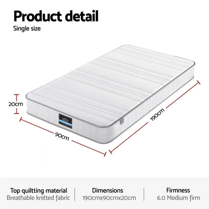Single Mattress 20cm Medium Firm Pocket Spring Egg-Crate Foam - Giselle