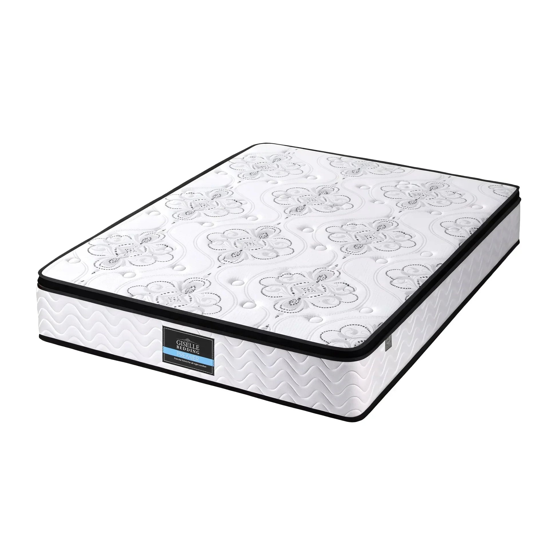 Giselle Bedding mattress with floral pattern, white and black trim, Stacks Warehouse online bargain