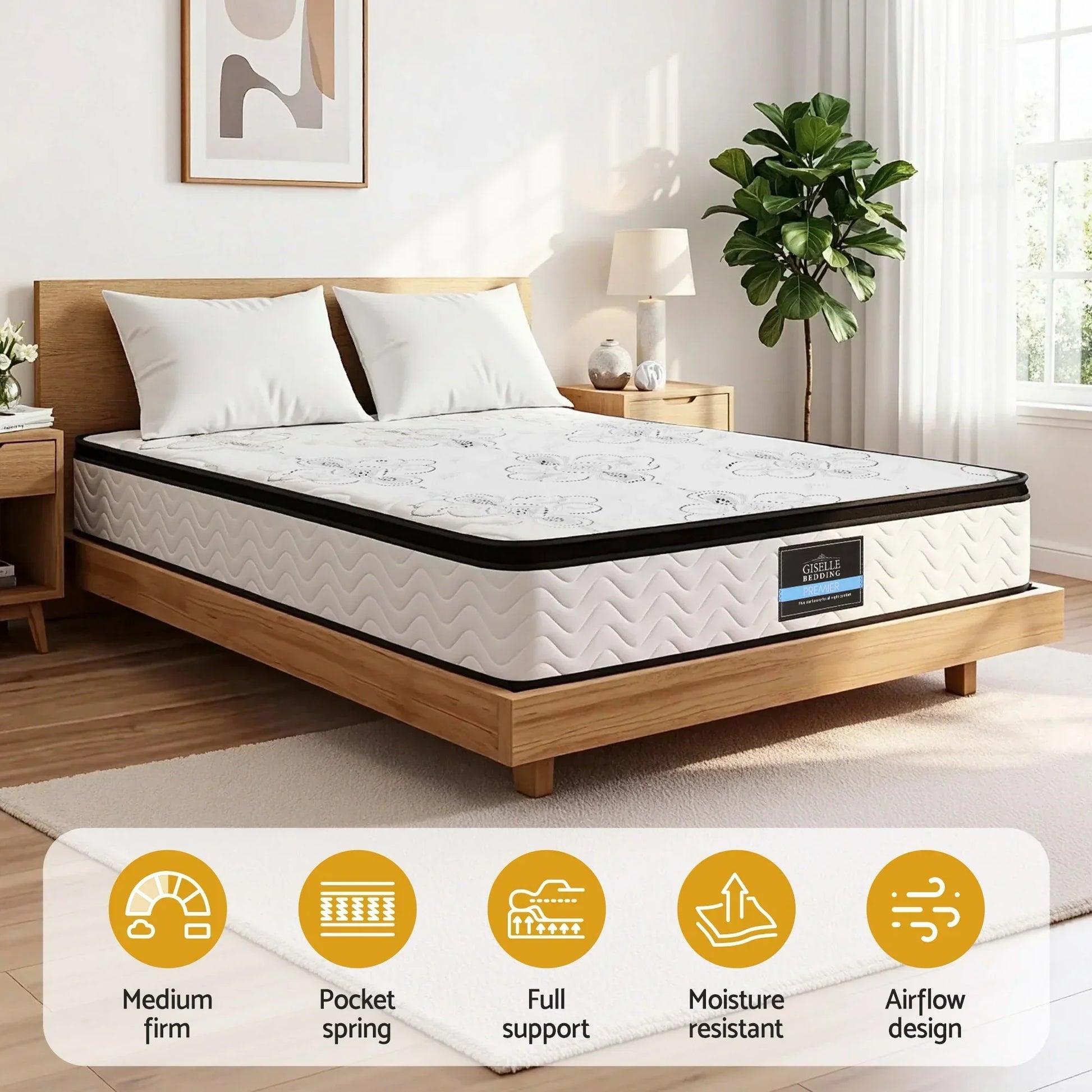 Modern bedroom with medium firm pocket spring mattress, features support and airflow, at Stacks Warehouse AU
