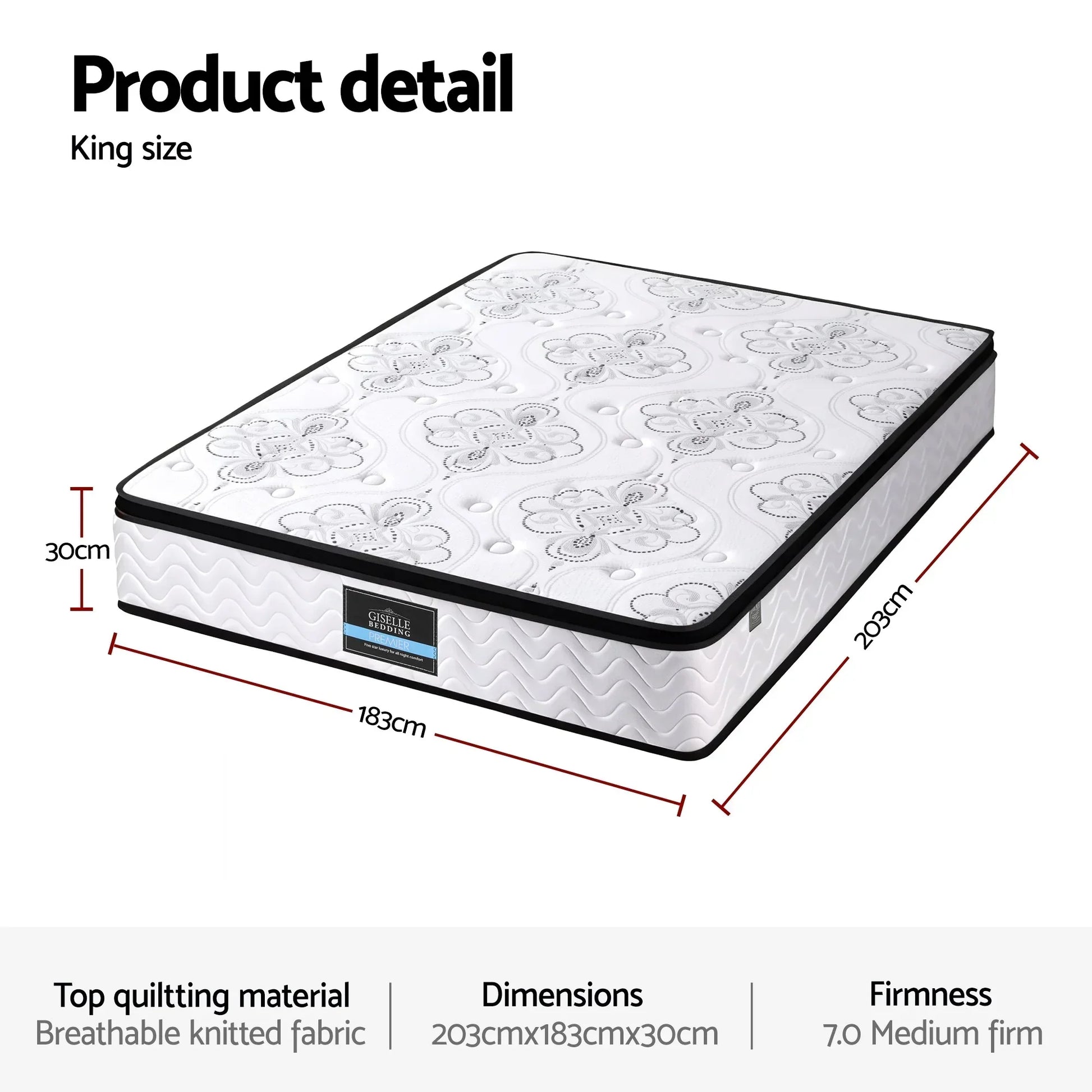 King size mattress with floral pattern, 203x183x30cm, medium firm, sold at Stacks Warehouse AU