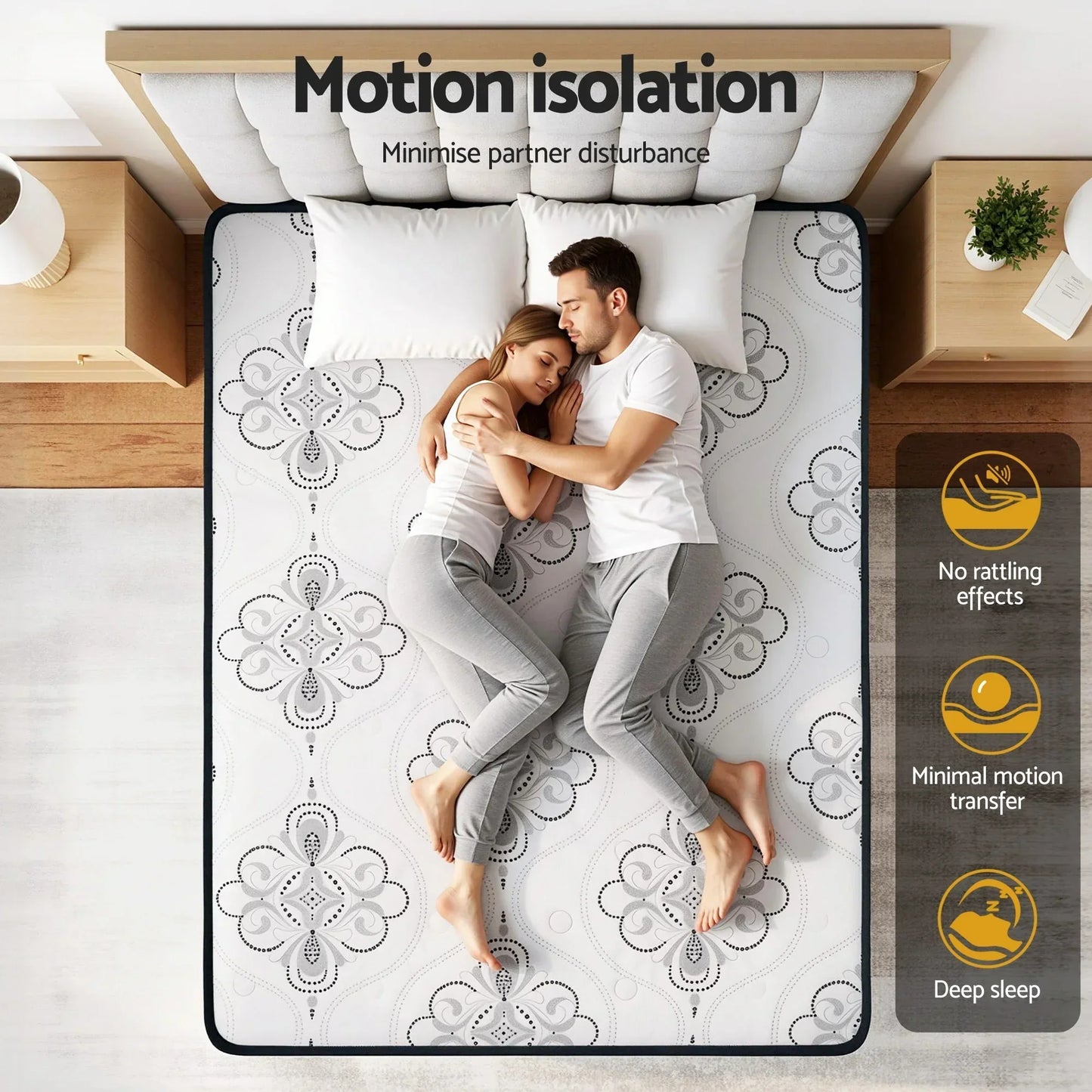 Couple sleeping on patterned mattress demonstrating motion isolation, available at Stacks Warehouse AU.