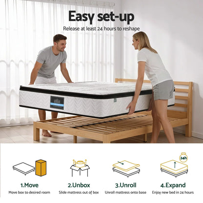 Couple setting up mattress on wooden bed frame, easy assembly instructions, Stacks Warehouse AU