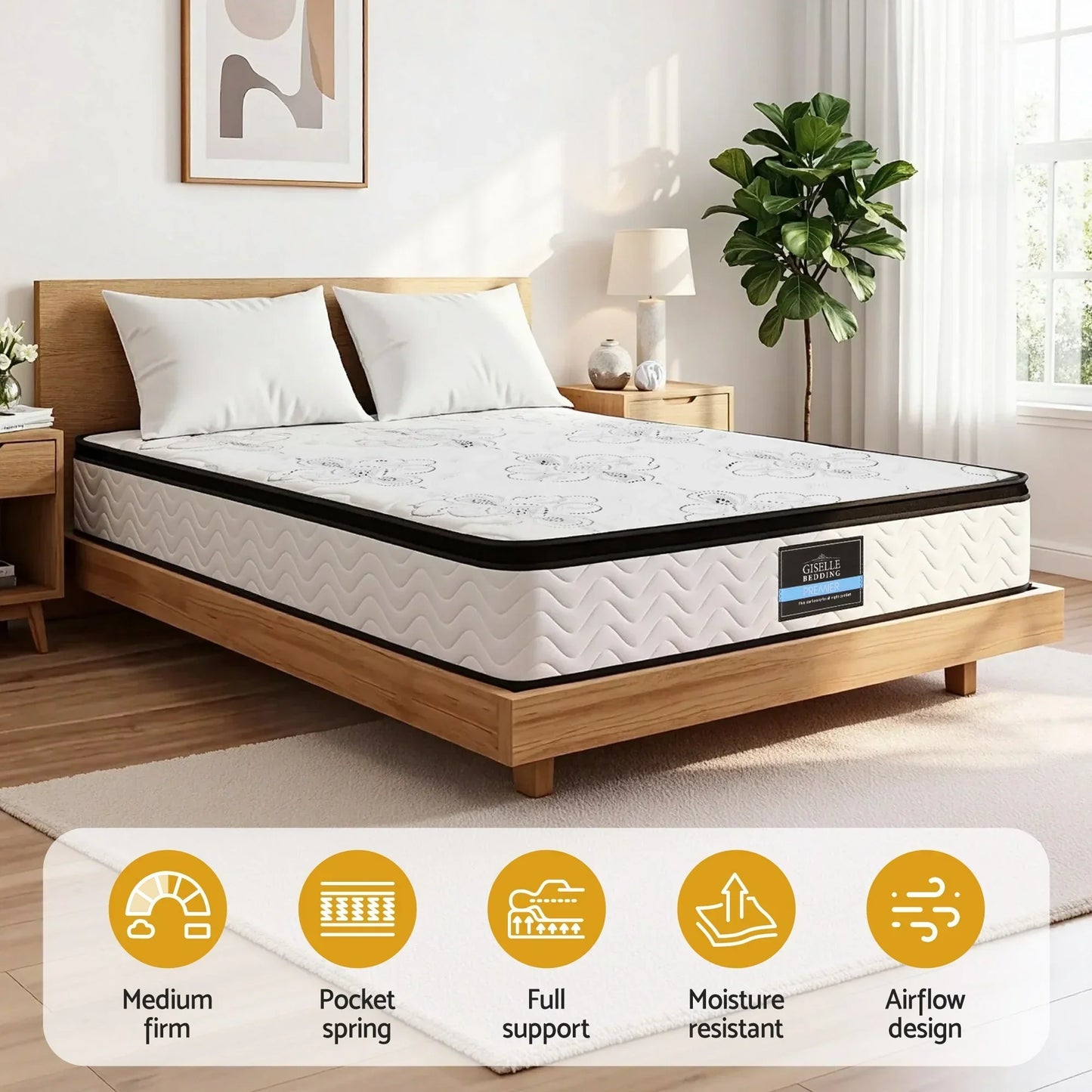Queen size medium firm mattress on modern wooden bed frame, bedroom setting, Stacks Warehouse AU