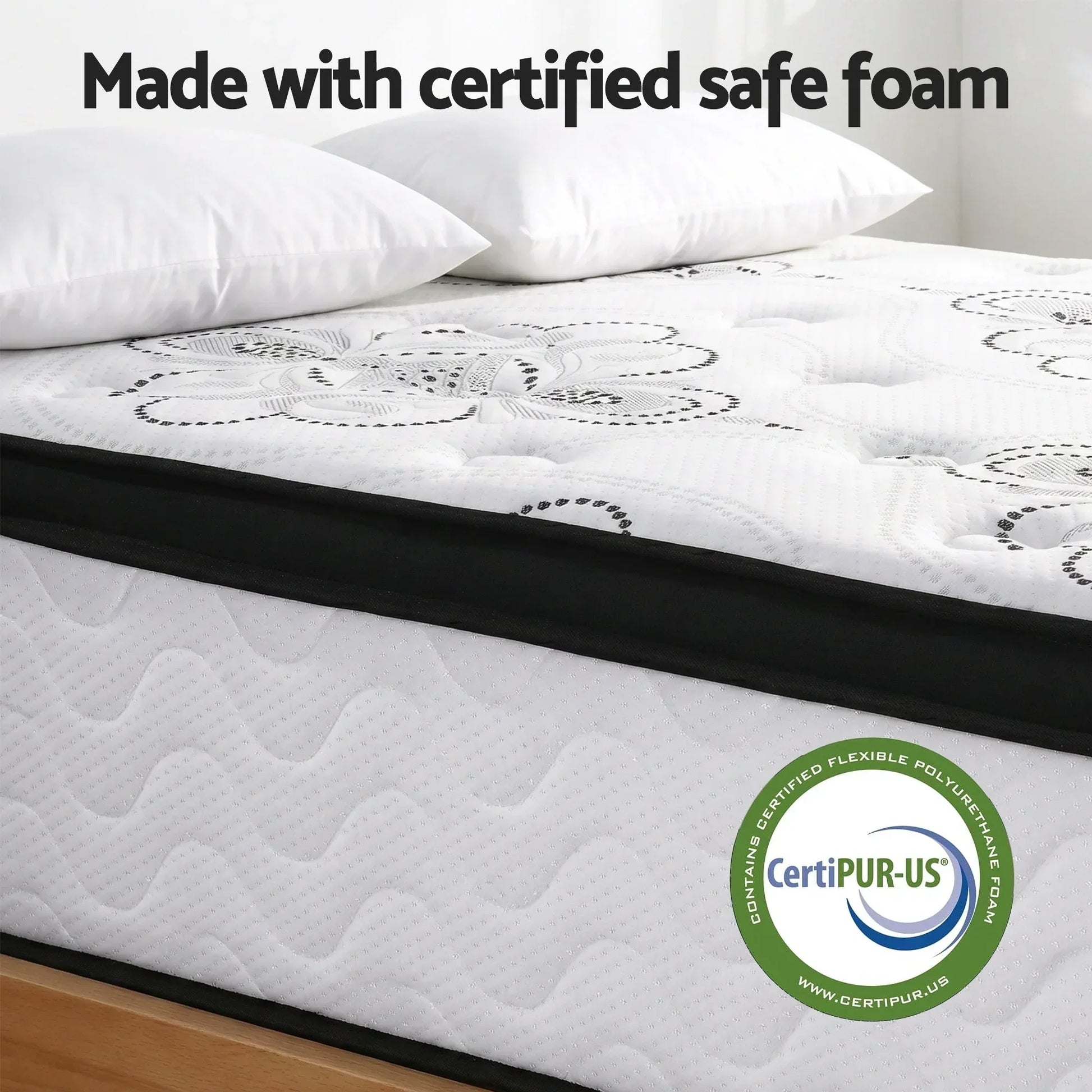 Queen mattress with certified safe foam, floral pattern, CertiPUR-US label, Stacks Warehouse AU
