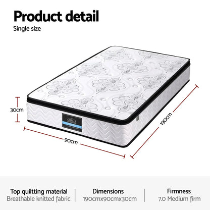 Single size mattress with floral quilted top, dimensions 190x90x30cm, medium firm, sold at Stacks Warehouse AU