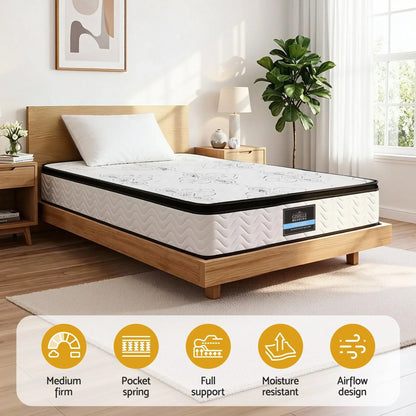Medium firm pocket spring mattress in modern bedroom with wooden bed, for Stacks Warehouse AU.