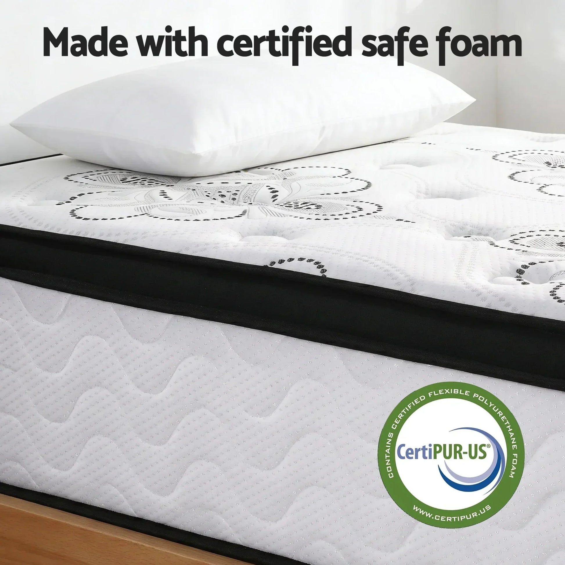 CertiPUR-US certified safe foam mattress with pillow, floral stitching, Stacks Warehouse Australia