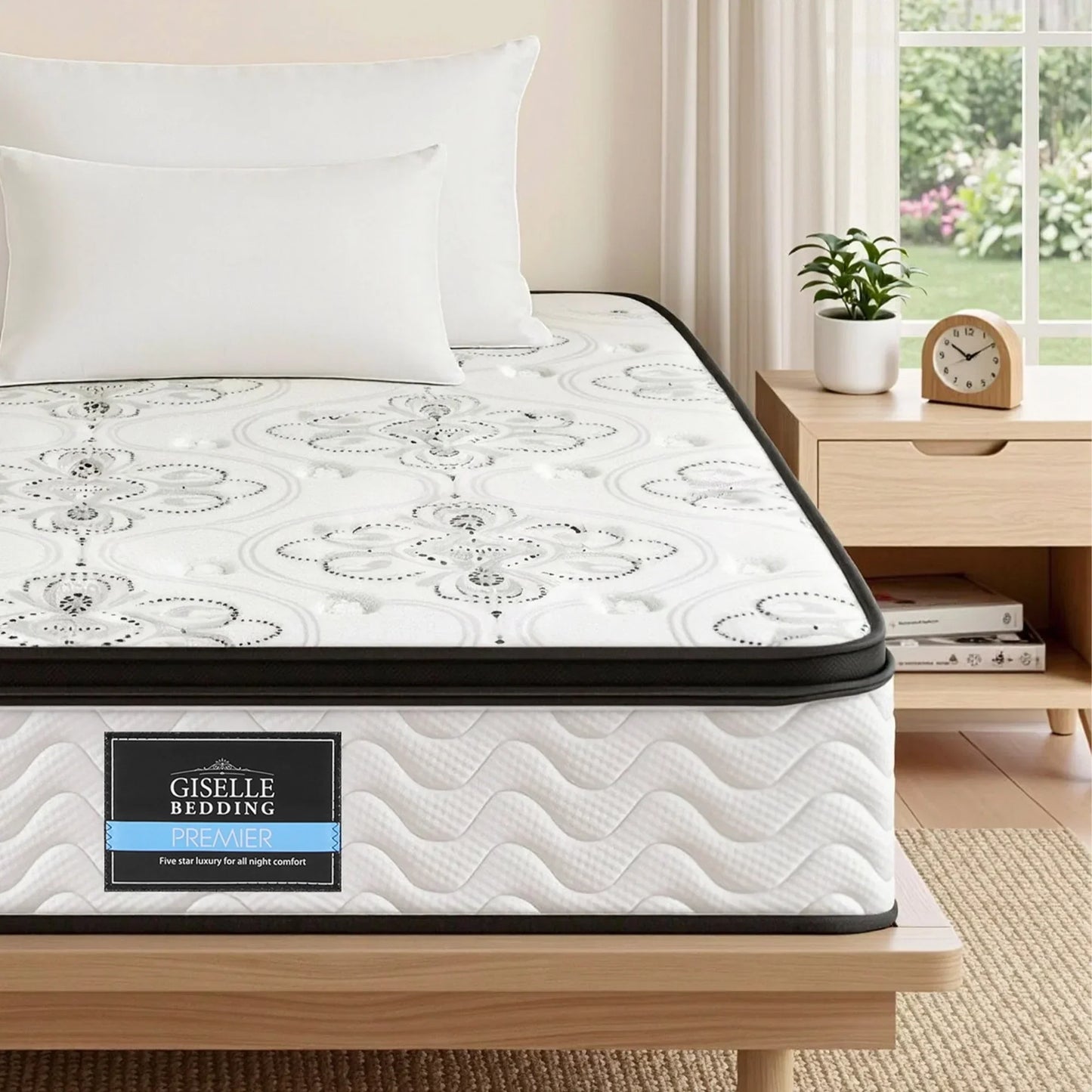 Giselle Bedding Premier mattress on modern bed in bright bedroom, Stacks Warehouse Australia