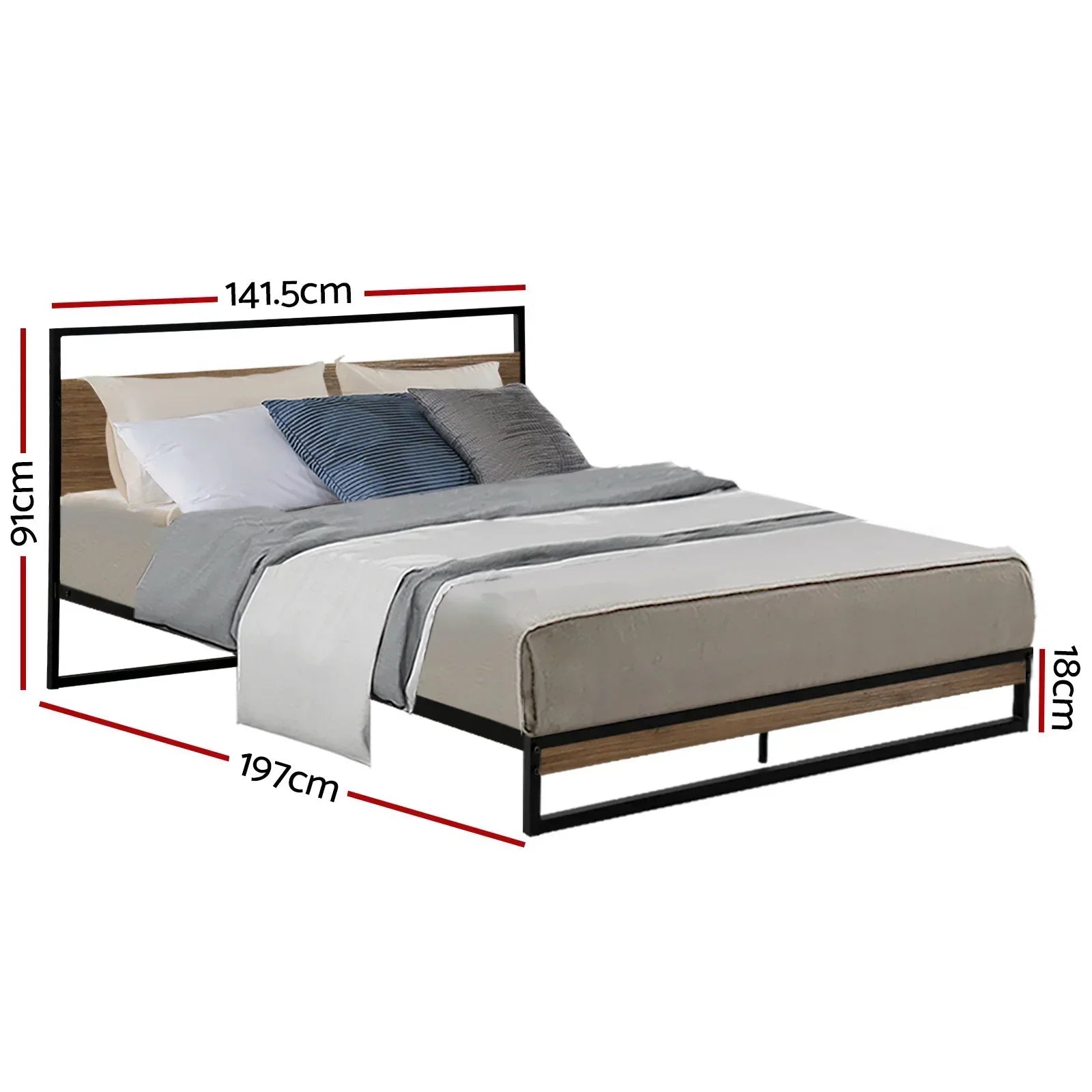 Modern black metal and wood bed frame with grey bedding and decorative pillows, dimensions labeled