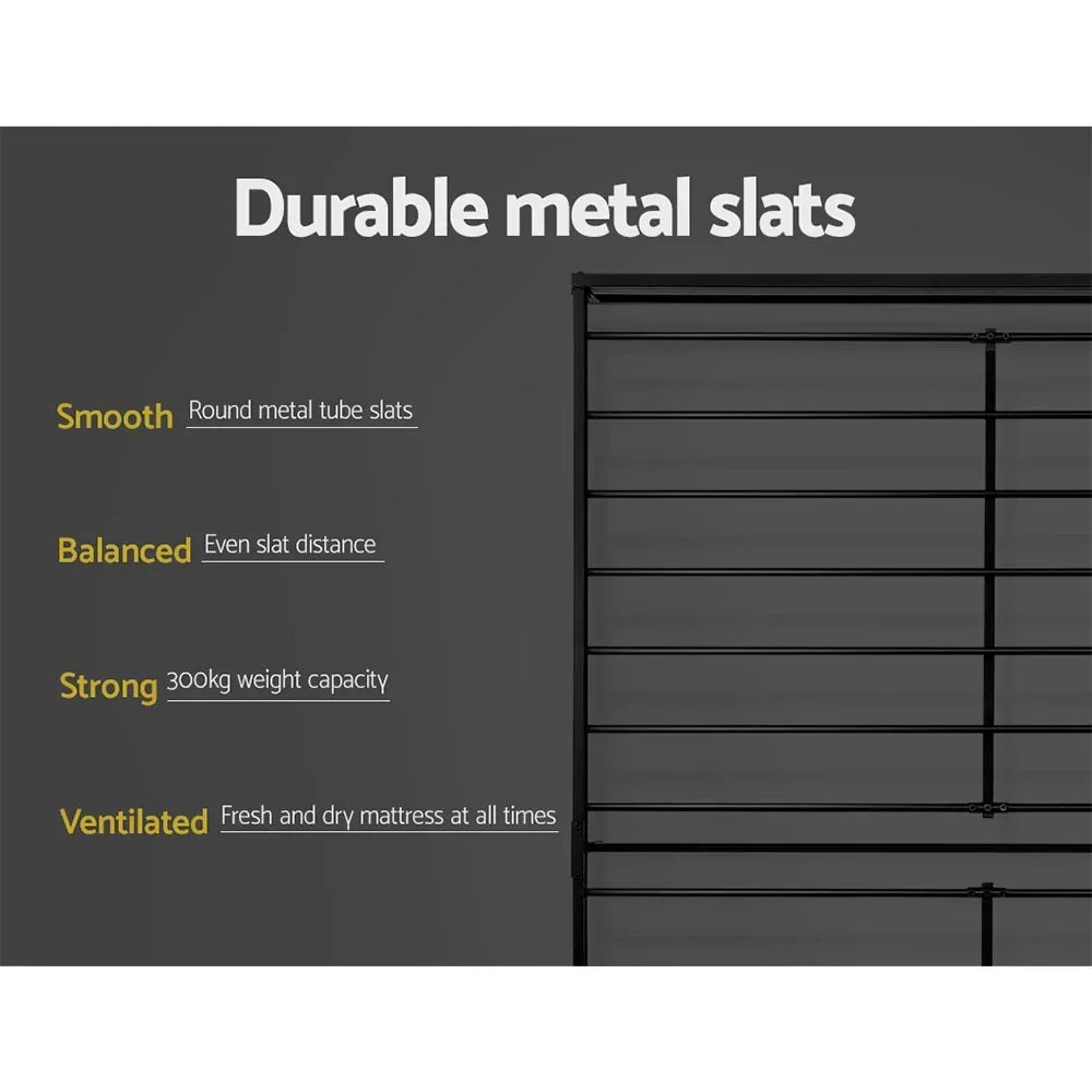 Durable metal slats bed frame with smooth round metal tubes, balanced even slat distance, strong 300kg capacity, ventilated for fresh mattress