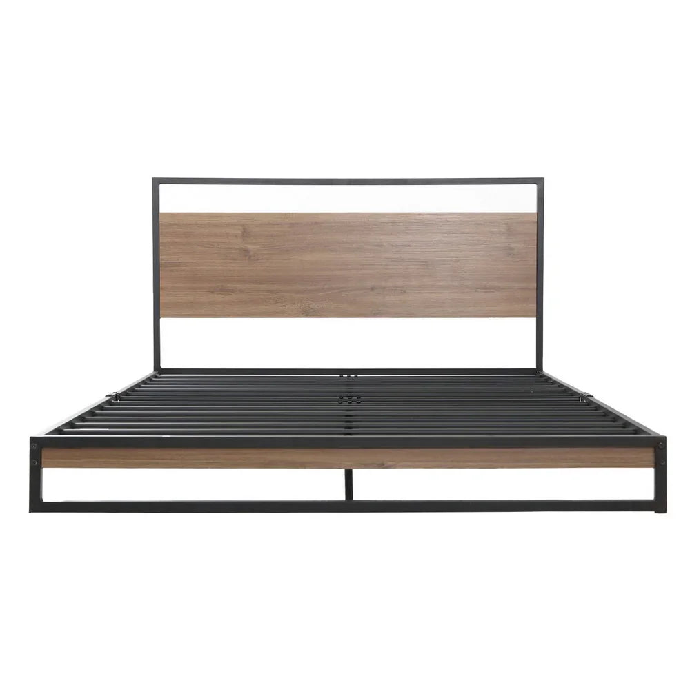 Modern bed frame with black metal and wood panel headboard and footboard, minimalist design