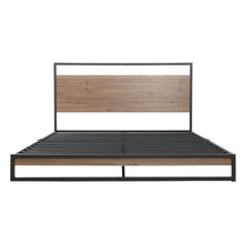 Modern bed frame with black metal and wood panel headboard and footboard, minimalist design